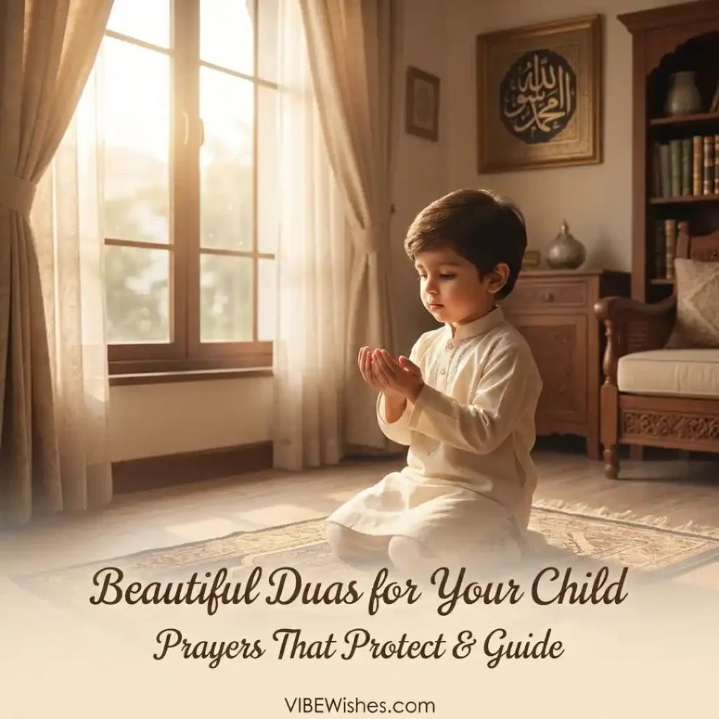 Hands raised in supplication inside a sunlit mosque, highlighting powerful prayers and Islamic birthday wishes for child.