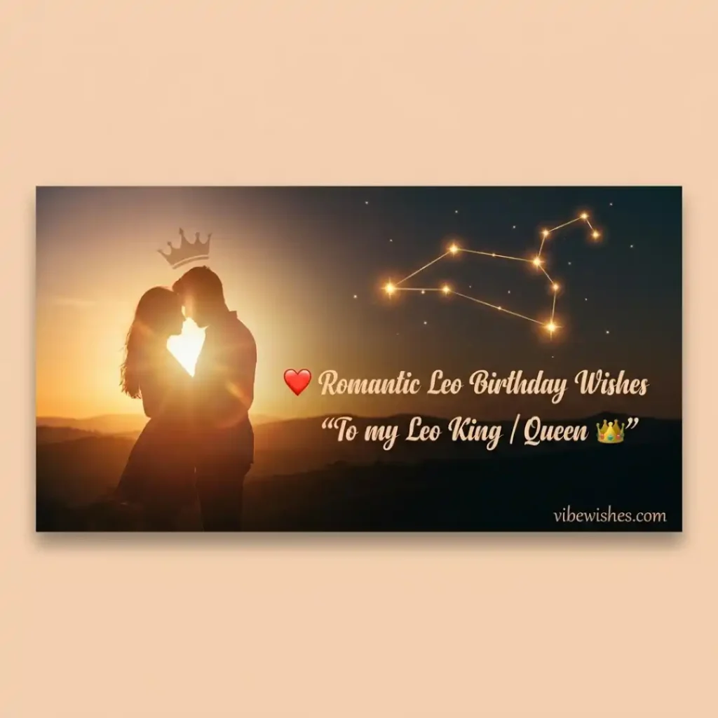 Silhouette of a couple hugging at sunset under a glowing Leo constellation for romantic Leo birthday wishes.