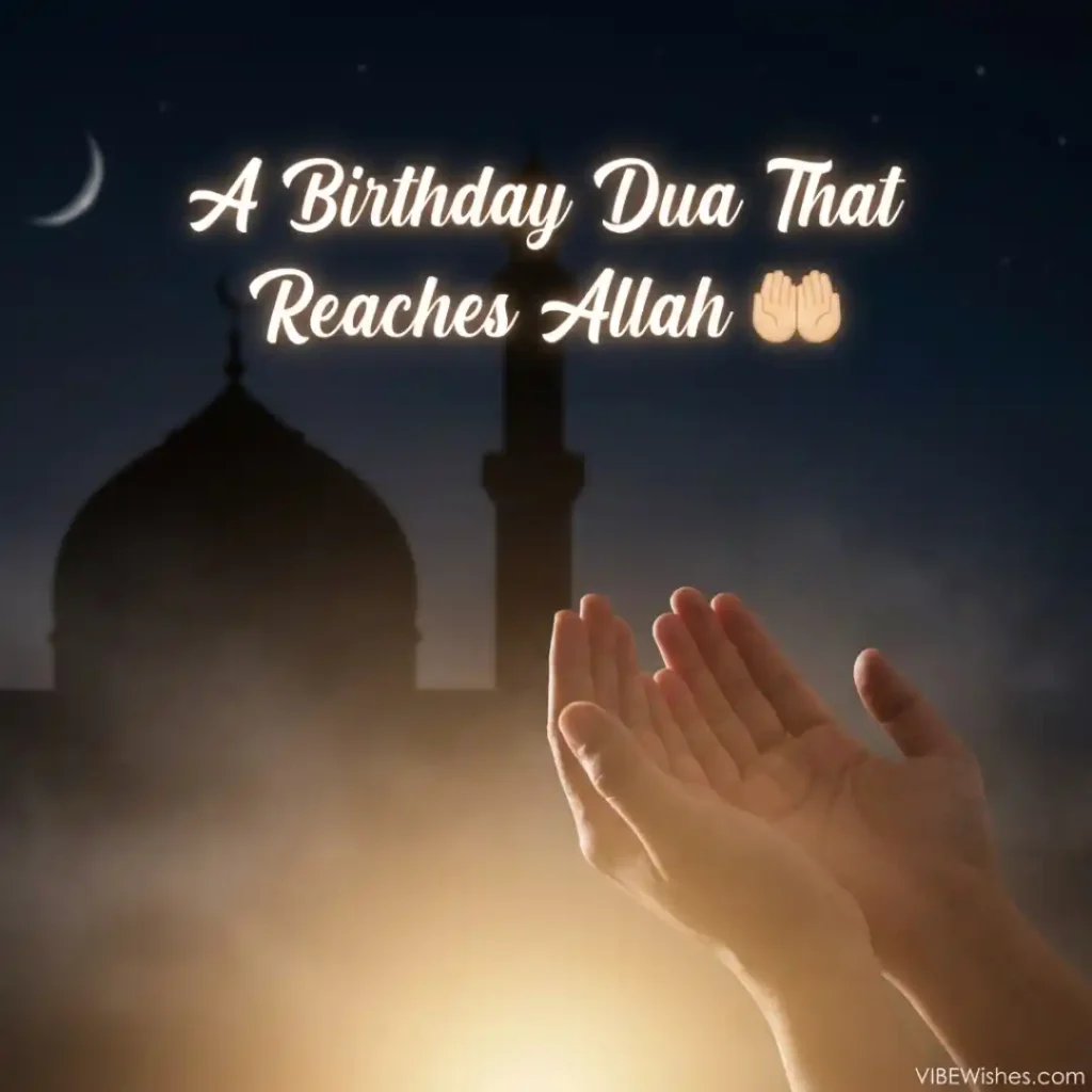 Hands open in prayer inside a grand mosque archway with streaming sunbeams, illustrating the deep devotion behind a long Islamic birthday message for wife.