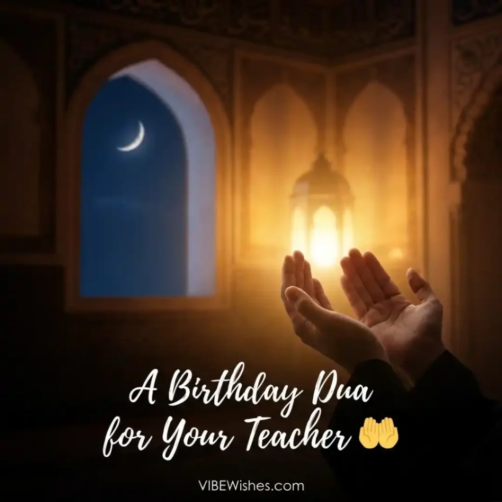 Hands open in prayer inside a grand mosque archway with streaming sunbeams, illustrating the deep devotion behind Islamic birthday wishes for teacher.