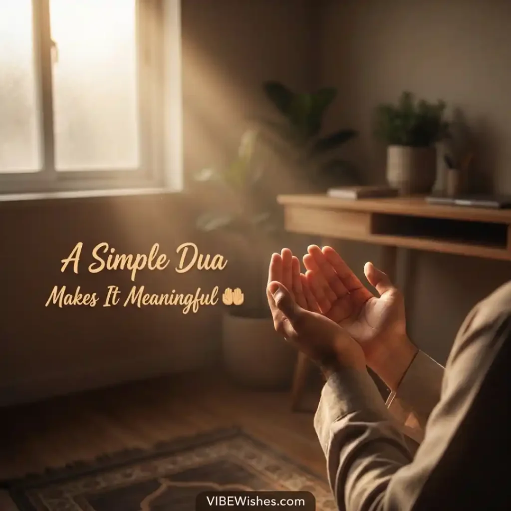Hands open in prayer inside a grand mosque archway with streaming sunbeams, illustrating the deep spiritual support behind Islamic birthday wishes for coworker.