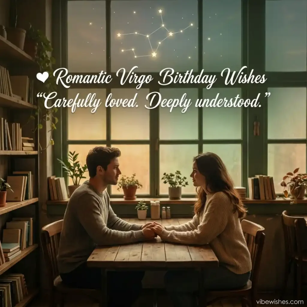 A loving couple holding hands across a wooden table in a library cafe under a shining Virgo constellation for romantic Virgo birthday wishes.