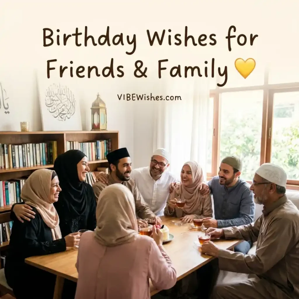 A cheerful Muslim family laughing together around a table sharing tea and short Islamic birthday wishes.