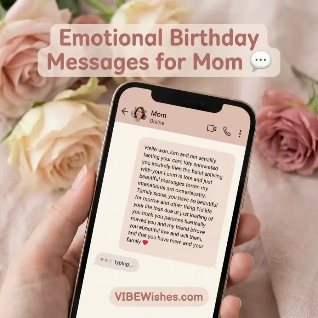 A hand holding a smartphone displaying emotional birthday messages for mom surrounded by pink roses.