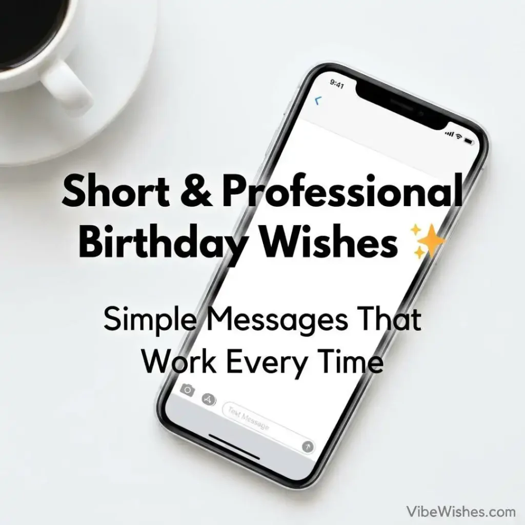 A top-down view of a smartphone on a white background showing a blank text message prompt, with text overlay Short & Professional Birthday Wishes.