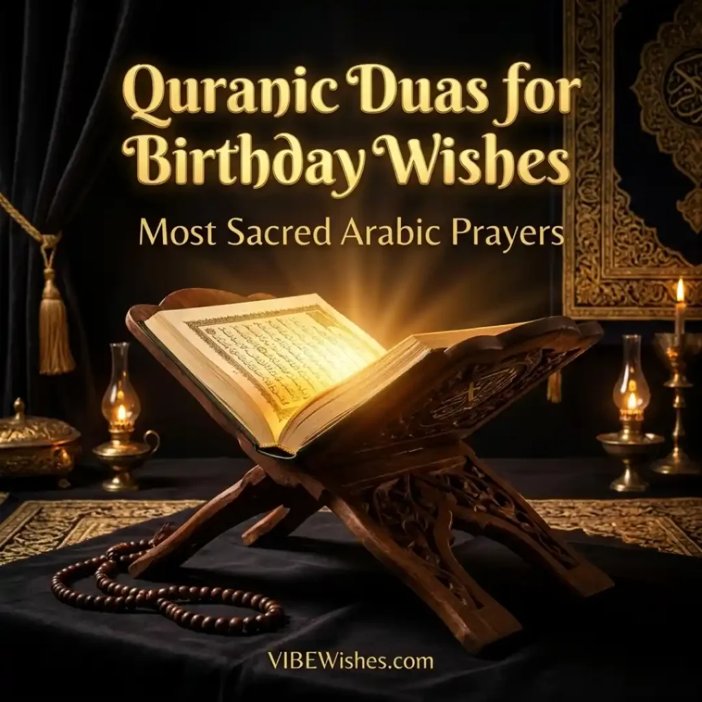 An open Holy Quran illuminating light on a carved wooden stand with prayer beads on a dark silk backdrop.