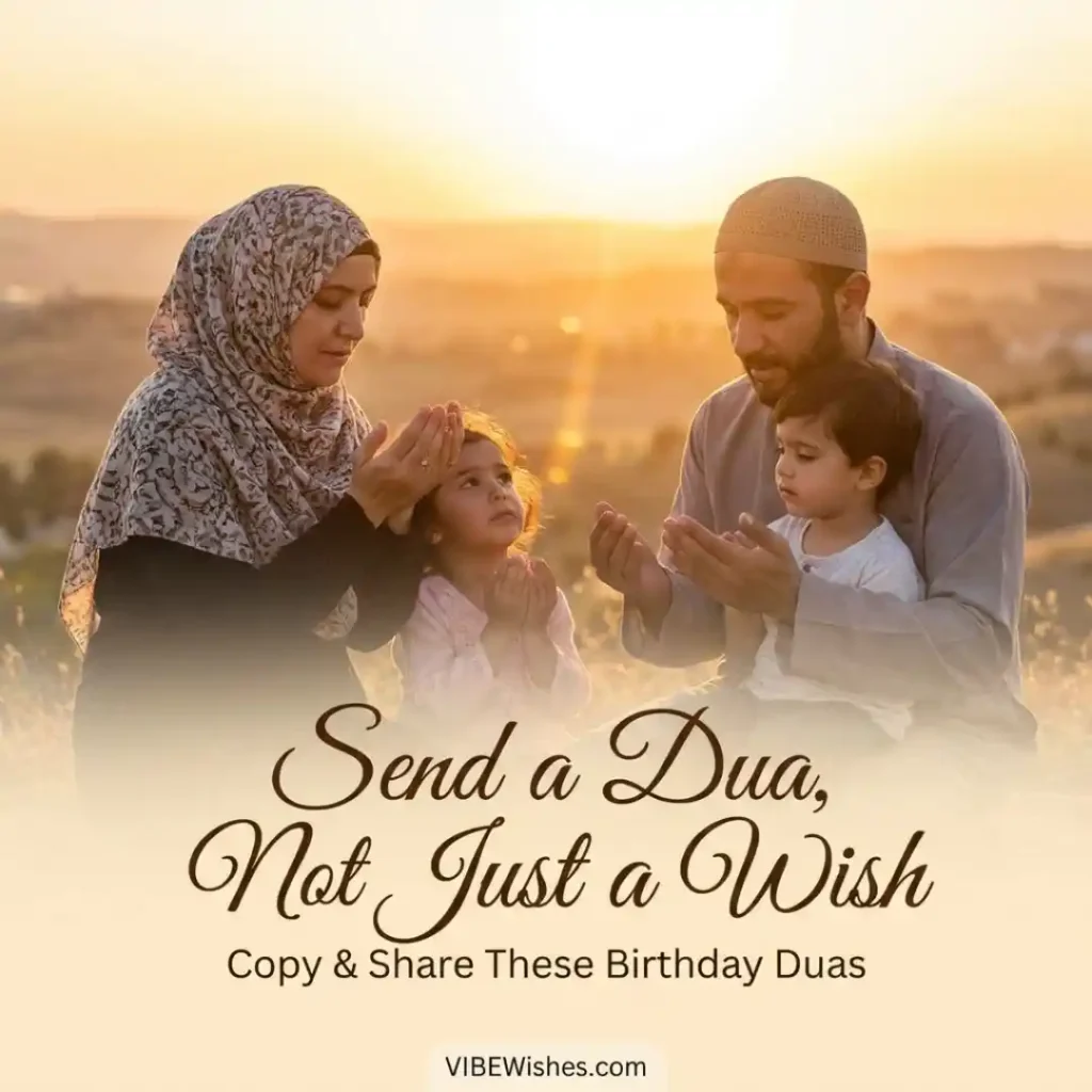 A Muslim family sitting outdoors at sunset making an Islamic birthday dua with Arabic text intentions.