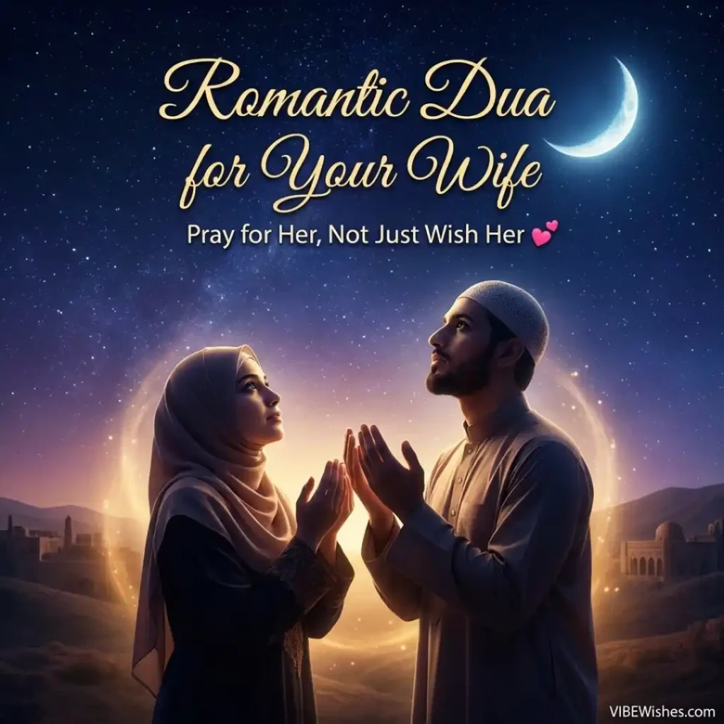 Muslim couple looking up at a crescent moon making a romantic Islamic birthday wish for wife prayer.