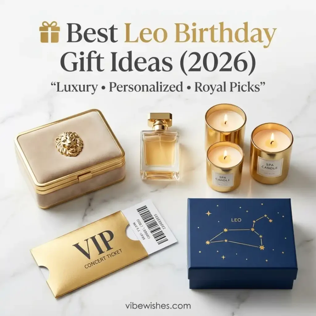 A collection of luxury gifts including a VIP ticket and custom lion box for Leo birthday wishes gift guides.