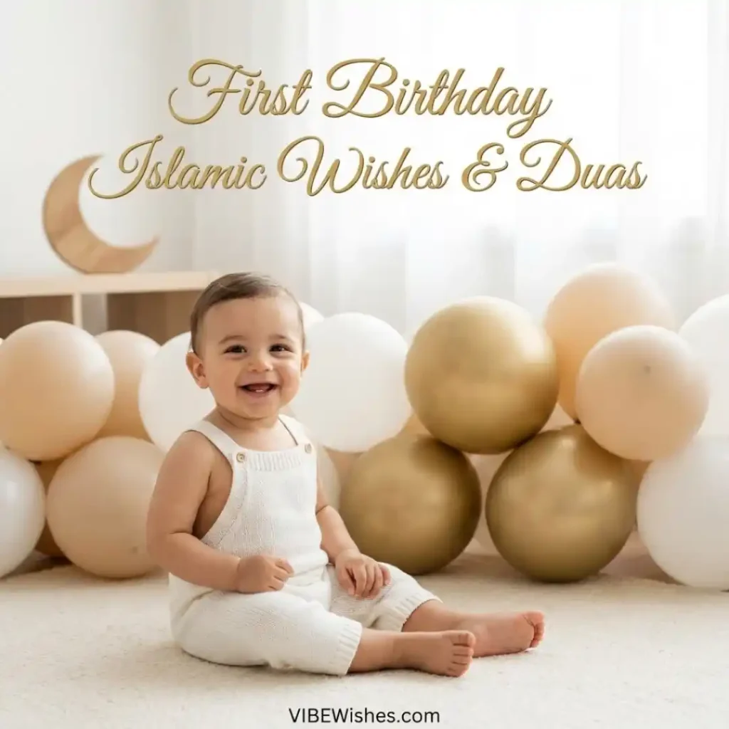 A smiling one-year-old toddler sitting among white and gold balloons, perfect for transition greetings from Islamic birthday wishes for newborn baby to first birthdays.
