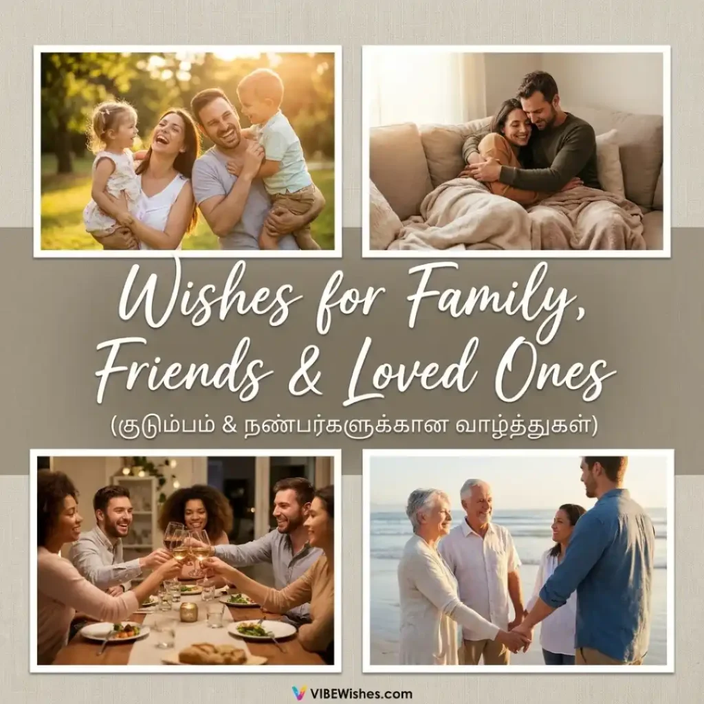 A four-quadrant photo collage showing different groups of loved ones, ideal for finding Islamic birthday wishes in Tamil for family and friends.