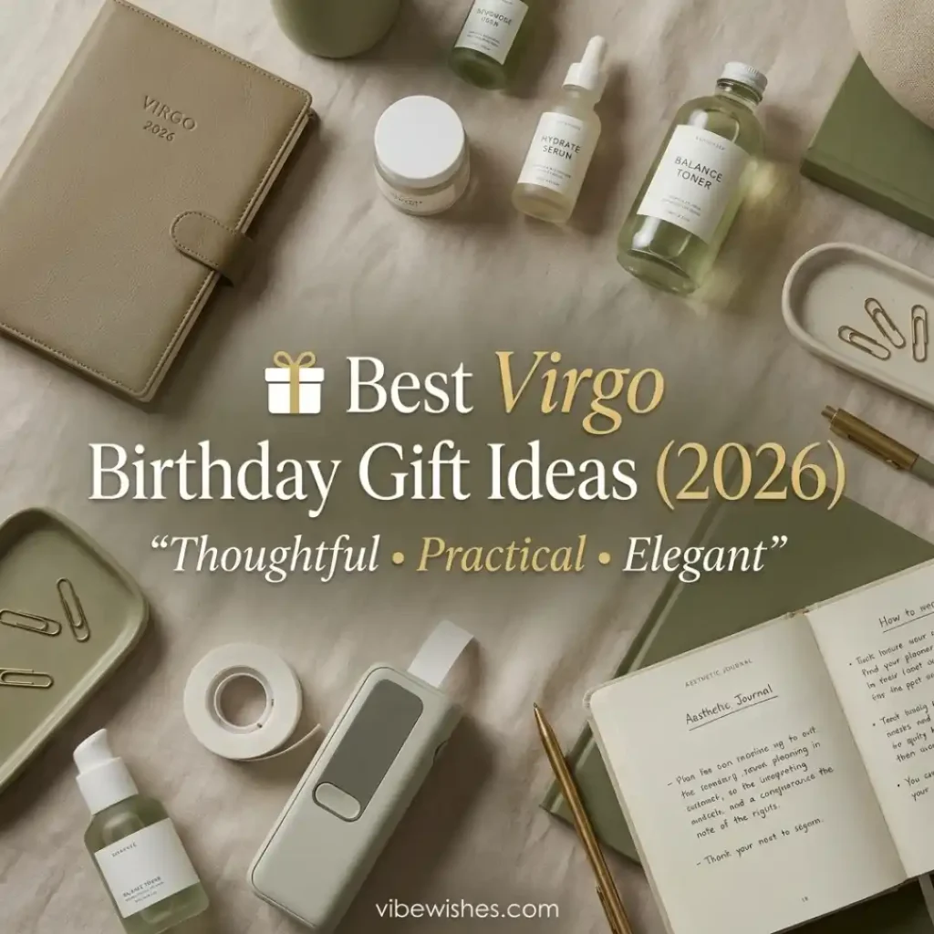 A collection of organized gifts including a 2026 Virgo planner, label maker, skincare serums, and an aesthetic journal for Virgo birthday wishes guides.
