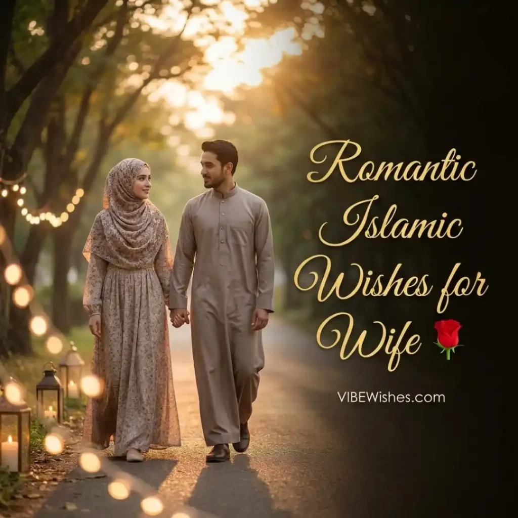 A Muslim couple holding hands and walking down a sunlit park path lined with fairy lights, titled Romantic Islamic Wishes for Wife to inspire heart touching Islamic birthday wishes for wife.