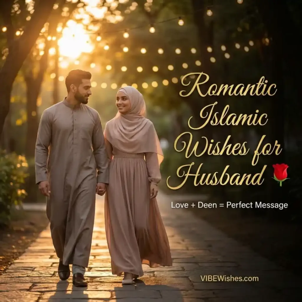 A young Muslim couple walking hand in hand at sunset ideal for romantic and heart touching Islamic birthday wishes for husband.