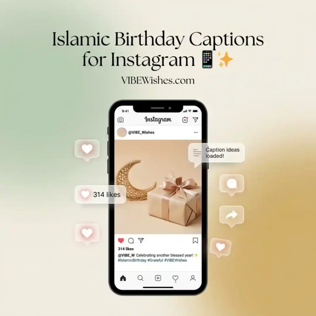 An Instagram post mockup on a mobile screen featuring a gift box to accompany short Islamic birthday wishes.