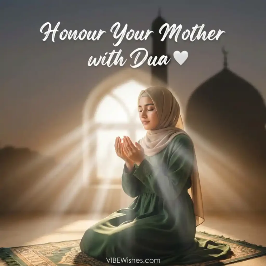 A young Muslim woman in a hijab sitting on a prayer mat performing an Islamic birthday dua for her mother.