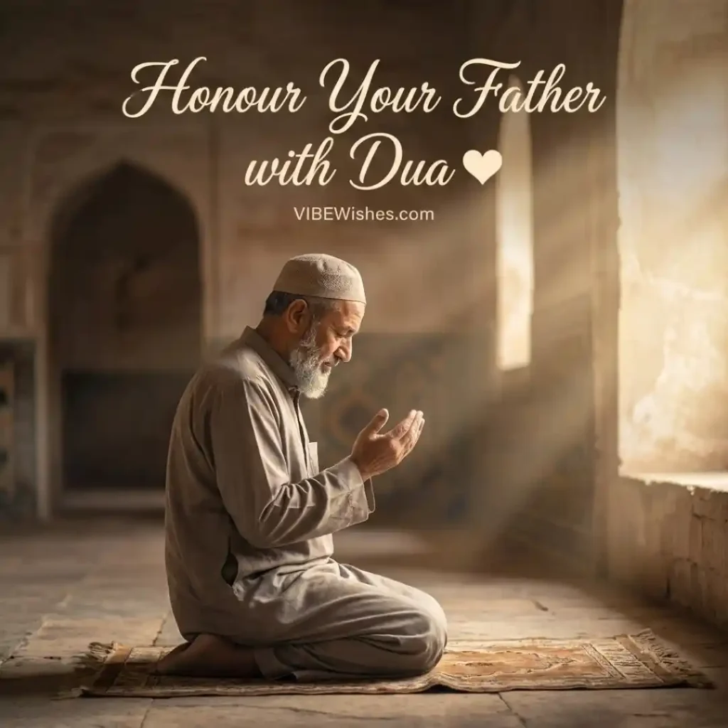 An elderly Muslim man sitting on a prayer rug making an Islamic birthday dua for father.
