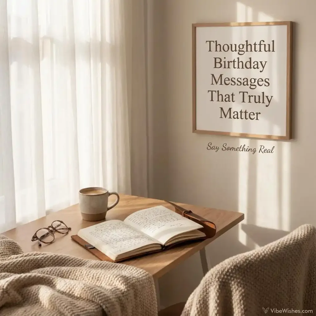 A sunlit wooden desk by a window with an open notebook, glasses, and a coffee mug, next to a wall frame reading Thoughtful Birthday Messages That Truly Matter.