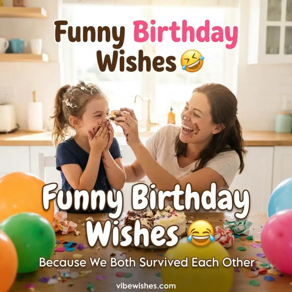 A mother and young daughter laughing hysterically in a messy kitchen with cake frosting smeared on their faces, titled Funny Birthday Wishes Because We Both Survived Each Other.