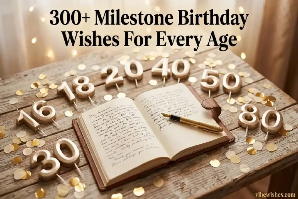 Milestone birthday wishes flatlay with number candles for ages 16 to 80 and handwritten birthday message journal