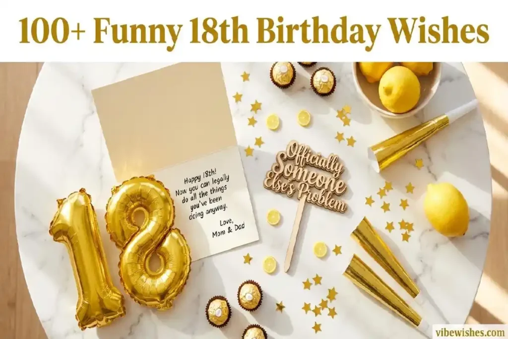 "Funny 18th birthday celebration flatlay with gold balloons and humorous birthday card showing witty 18th birthday wishes"