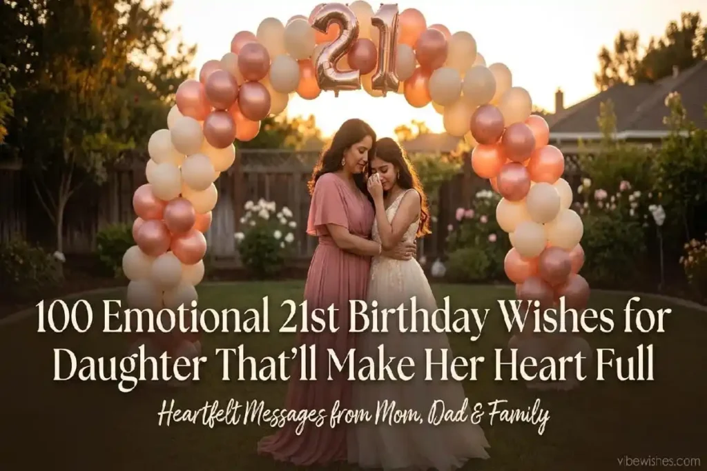 Emotional 21st birthday wishes for daughter with mother-daughter embrace and rose gold balloons