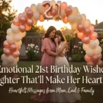 Emotional 21st birthday wishes for daughter with mother-daughter embrace and rose gold balloons