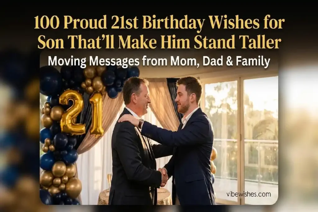 Proud 21st birthday wishes for son with father-son embrace and navy gold balloons