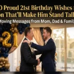 Proud 21st birthday wishes for son with father-son embrace and navy gold balloons