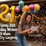 Funny 21st birthday wishes with laughing adult and colorful confetti explosion