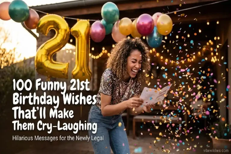 Funny 21st birthday wishes with laughing adult and colorful confetti explosion