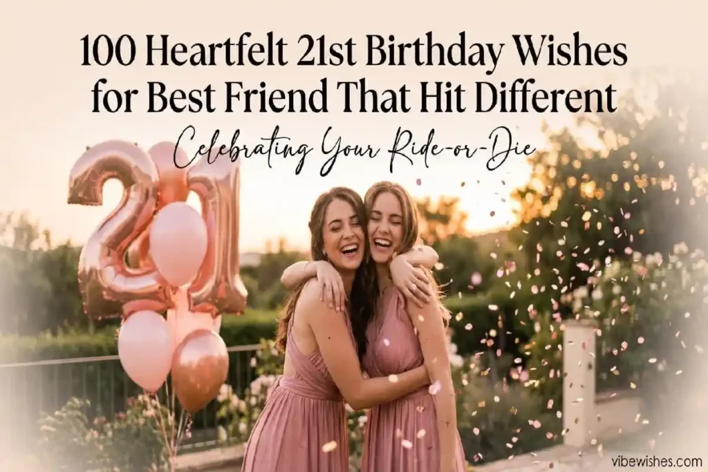 Heartfelt 21st birthday wishes for best friend with two friends hugging and rose gold balloons