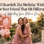 Heartfelt 21st birthday wishes for best friend with two friends hugging and rose gold balloons