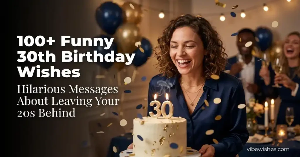 "Person laughing while blowing out 30th birthday candles with confetti - funny birthday wishes for turning thirty and leaving your 20s"