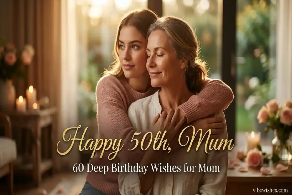 50th birthday wishes for mom — cinematic image of mother and child embracing on her golden milestone 50th birthday