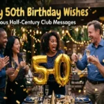 "Group of friends laughing at 50th birthday party with balloons - funny 50th birthday wishes half-century club feature image"
