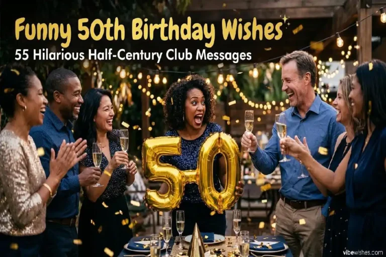 "Group of friends laughing at 50th birthday party with balloons - funny 50th birthday wishes half-century club feature image"