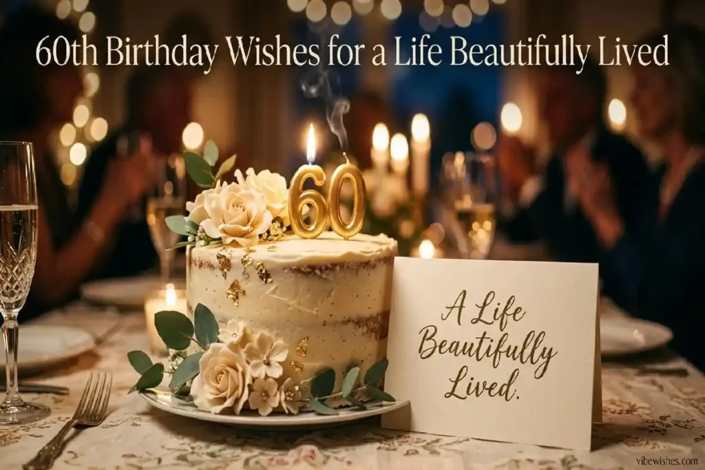 "Elegant 60th birthday cake with golden candle and heartfelt card showing beautiful life celebration message"