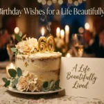 "Elegant 60th birthday cake with golden candle and heartfelt card showing beautiful life celebration message"
