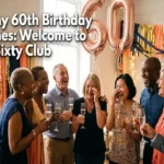 "Group of friends in their 60s laughing together at birthday celebration with champagne and sixty balloons"
