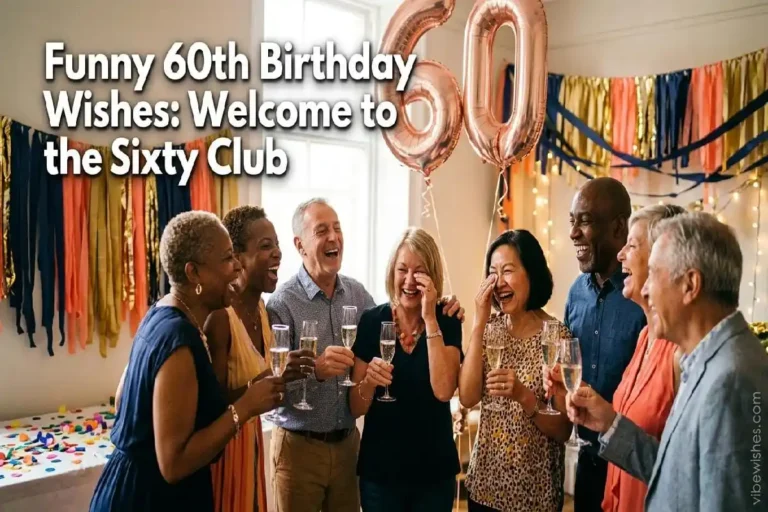 "Group of friends in their 60s laughing together at birthday celebration with champagne and sixty balloons"