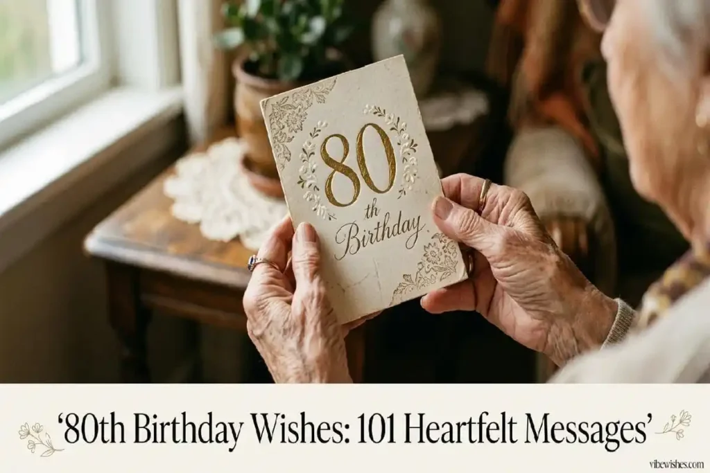 "Elegant hands holding 80th birthday card with gold calligraphy representing heartfelt milestone birthday wishes"