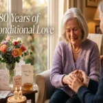 "Emotional 80-year-old mother celebrating her 80th birthday surrounded by flowers and cards, representing 80 years of unconditional love"
