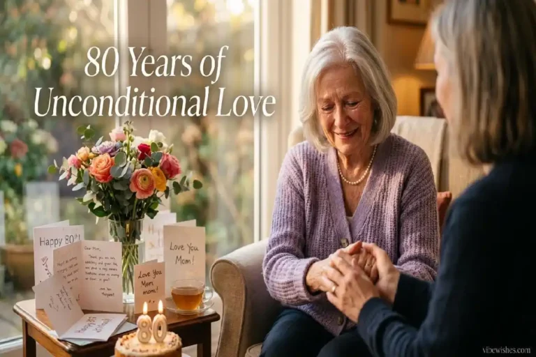 "Emotional 80-year-old mother celebrating her 80th birthday surrounded by flowers and cards, representing 80 years of unconditional love"