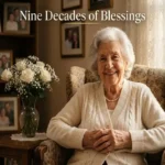 "Peaceful 90-year-old celebrating nine decades of life surrounded by flowers and family photos, representing heartfelt 90th birthday wishes and blessings"
