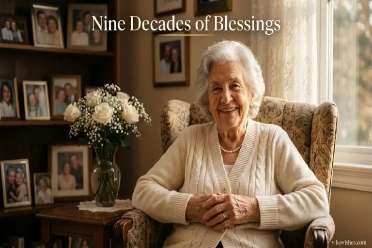 "Peaceful 90-year-old celebrating nine decades of life surrounded by flowers and family photos, representing heartfelt 90th birthday wishes and blessings"