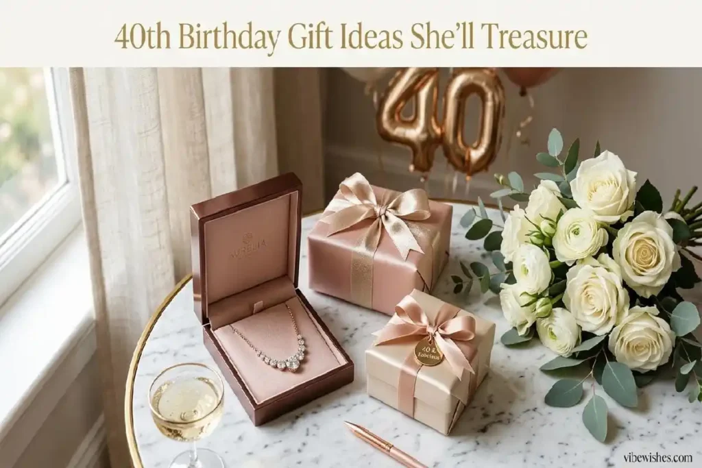 Luxurious 40th birthday gifts for her including rose gold jewelry, silk gift boxes, and white roses on marble surface