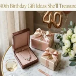 Luxurious 40th birthday gifts for her including rose gold jewelry, silk gift boxes, and white roses on marble surface
