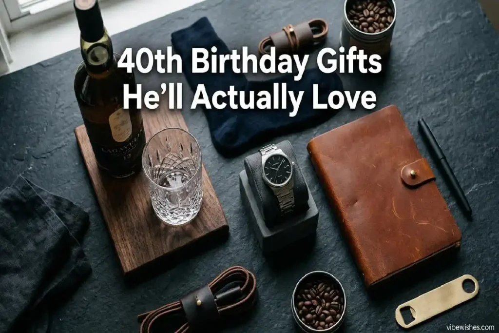 Luxury 40th birthday gifts for men including watch, whisky, and leather journal on dark moody background