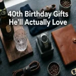 Luxury 40th birthday gifts for men including watch, whisky, and leather journal on dark moody background